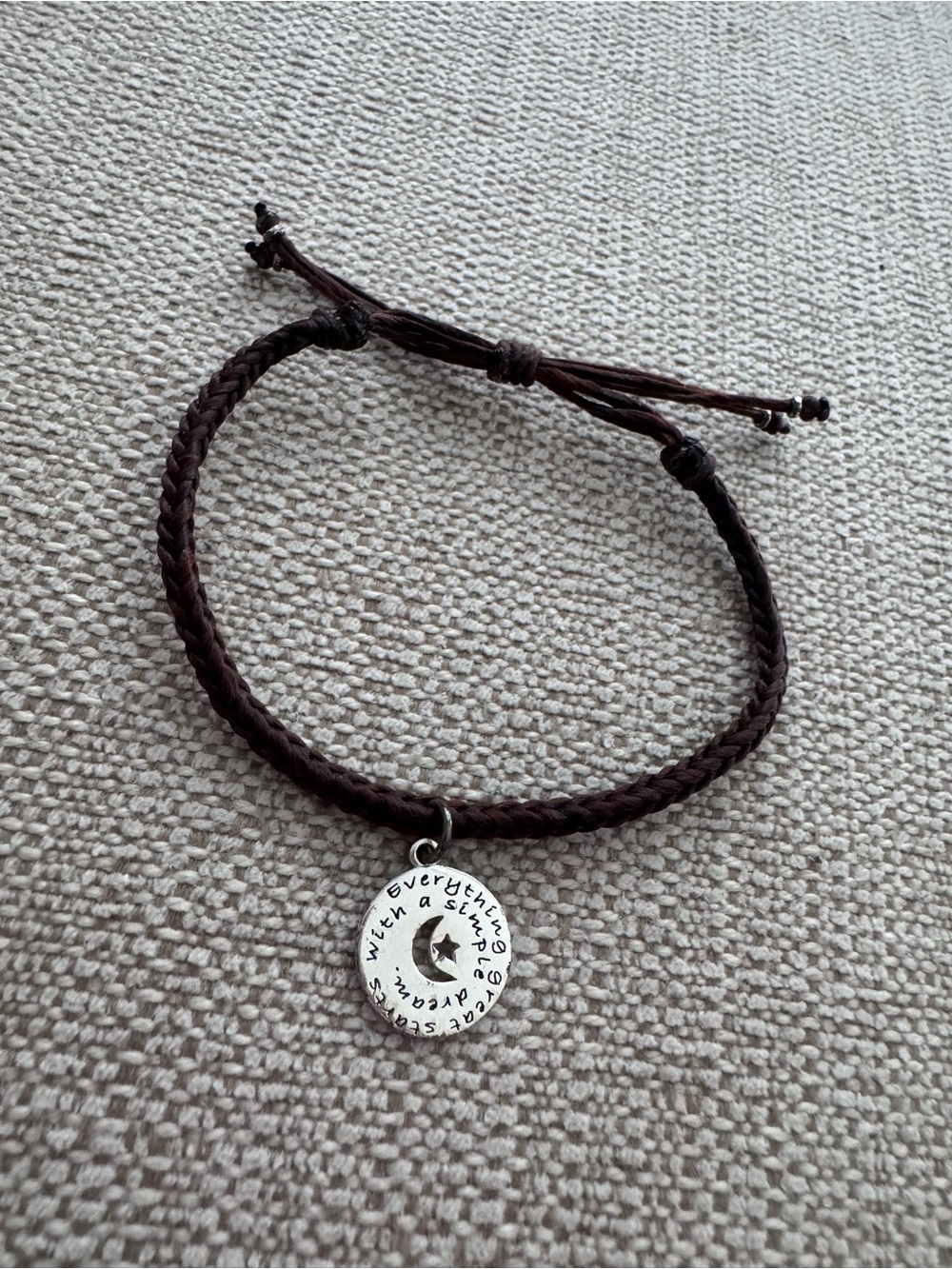 Adjustable Brown Braided Cord Bracelet with Silver Inspirational Charm